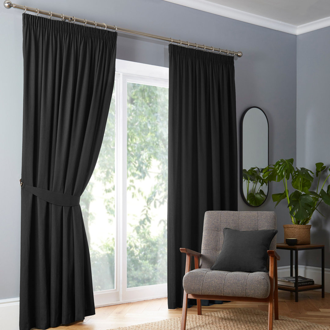 Fusion Dijon 100% Cotton Blackout Pinch Pleat Curtain Pair Black Width 117 x Drop 183 cm
